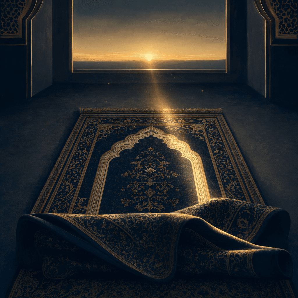A prayer mat unrolled toward a sliver of gold dawn light, painted in deep navy and gold.