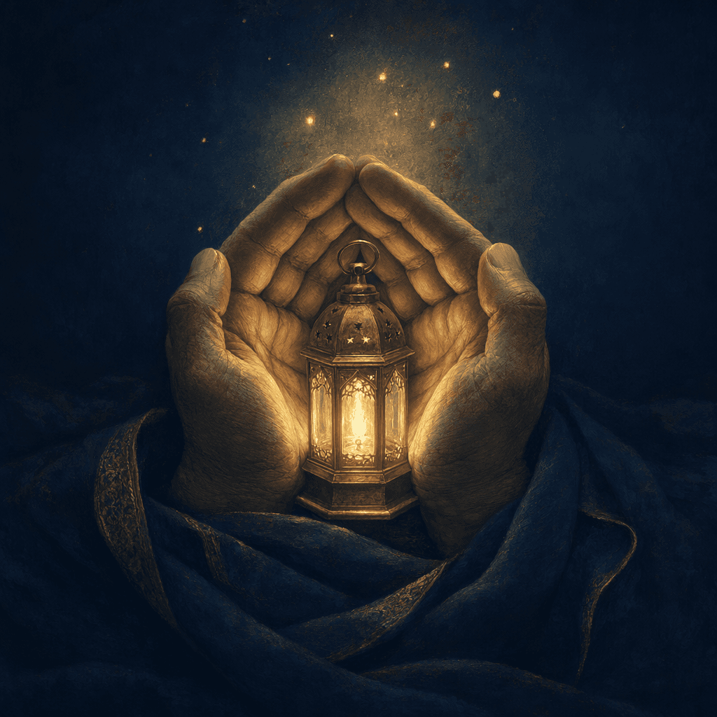 Two cupped hands gently shelter a small glowing brass lantern against a deep navy pre-dawn background.