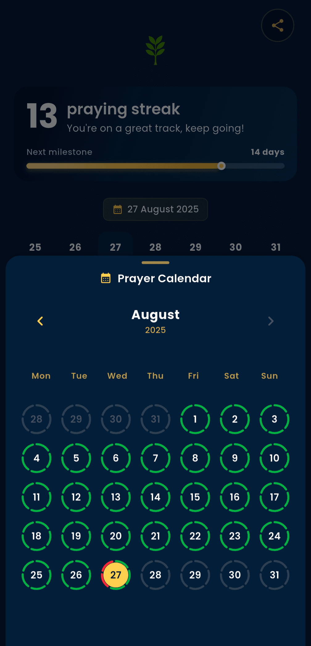 Deeny monthly stats calendar showing on-time, late, and missed prayers
