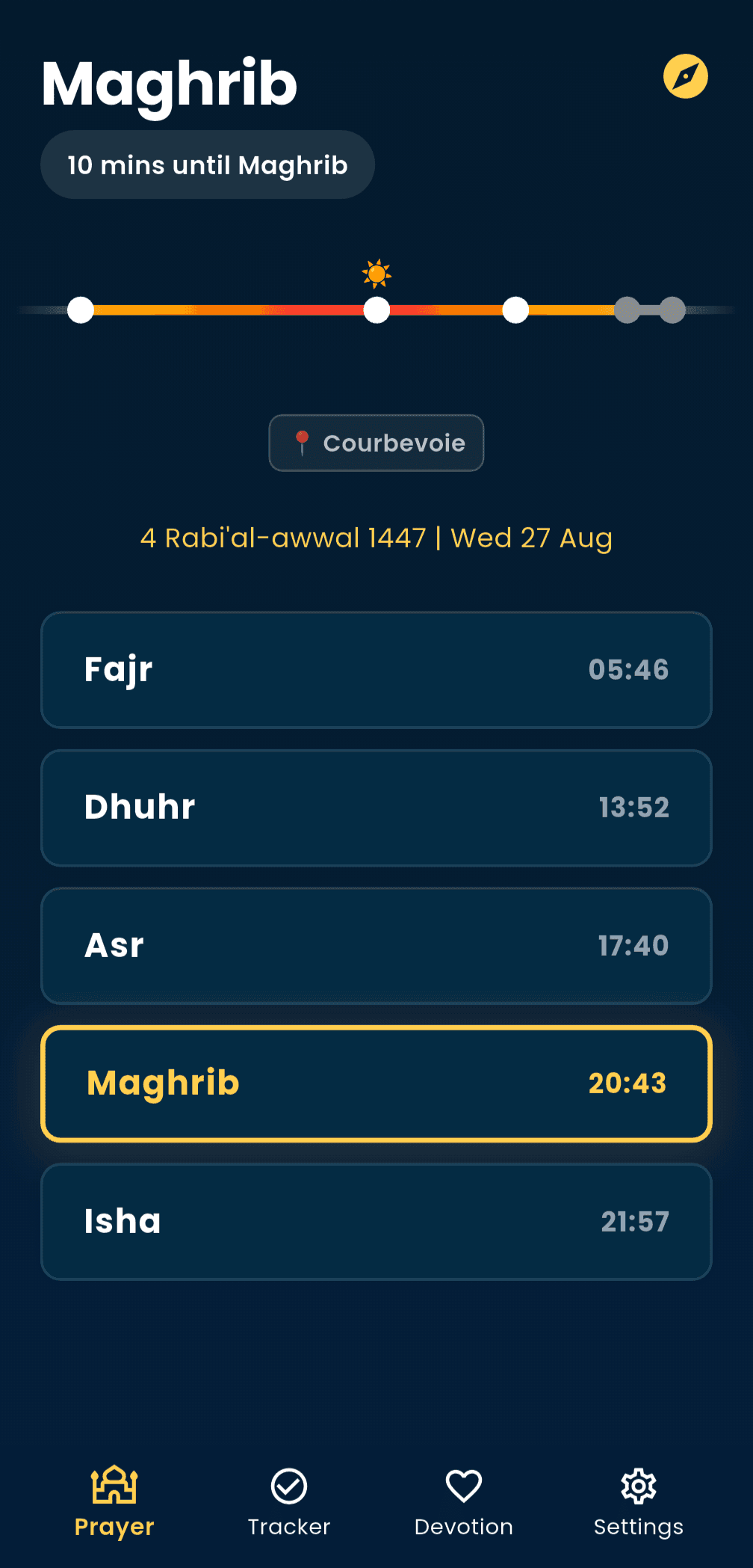 Deeny home screen showing today's five prayers and tracking ring