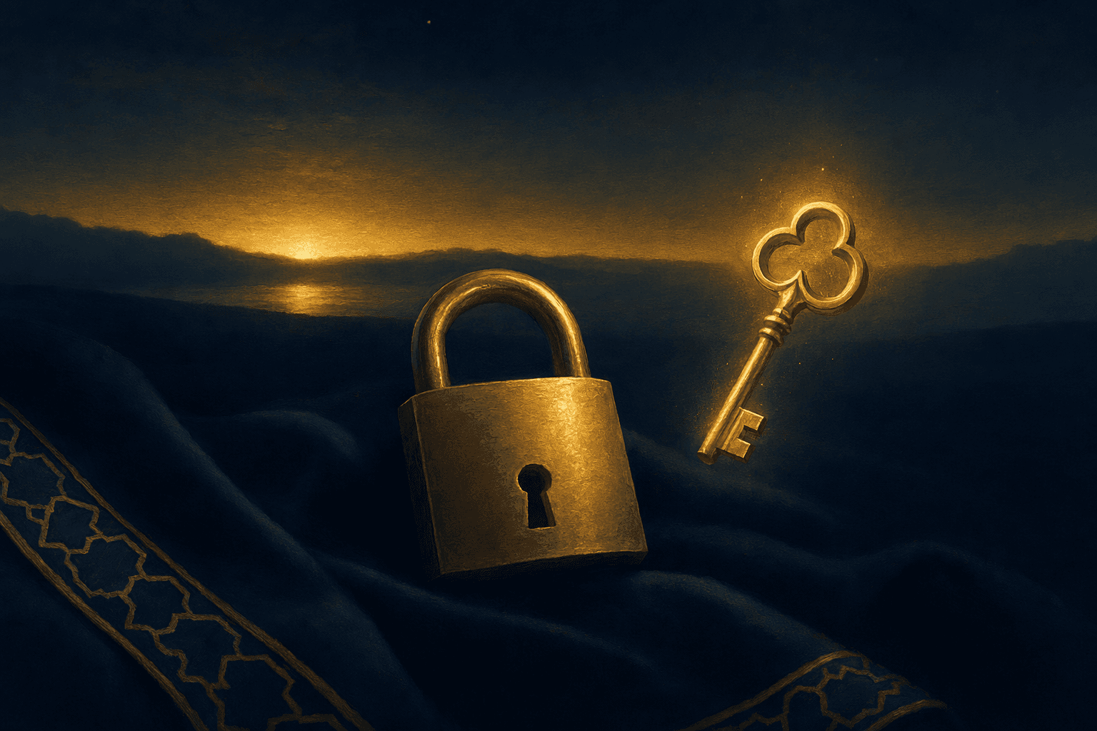 A calm brass padlock resting closed on dark folded cloth with a soft warm gold glow shaped like a key hovering quietly beside it, a thin band of dawn light breaking gently along the deep navy horizon behind — patient and reassuring rather than confining.