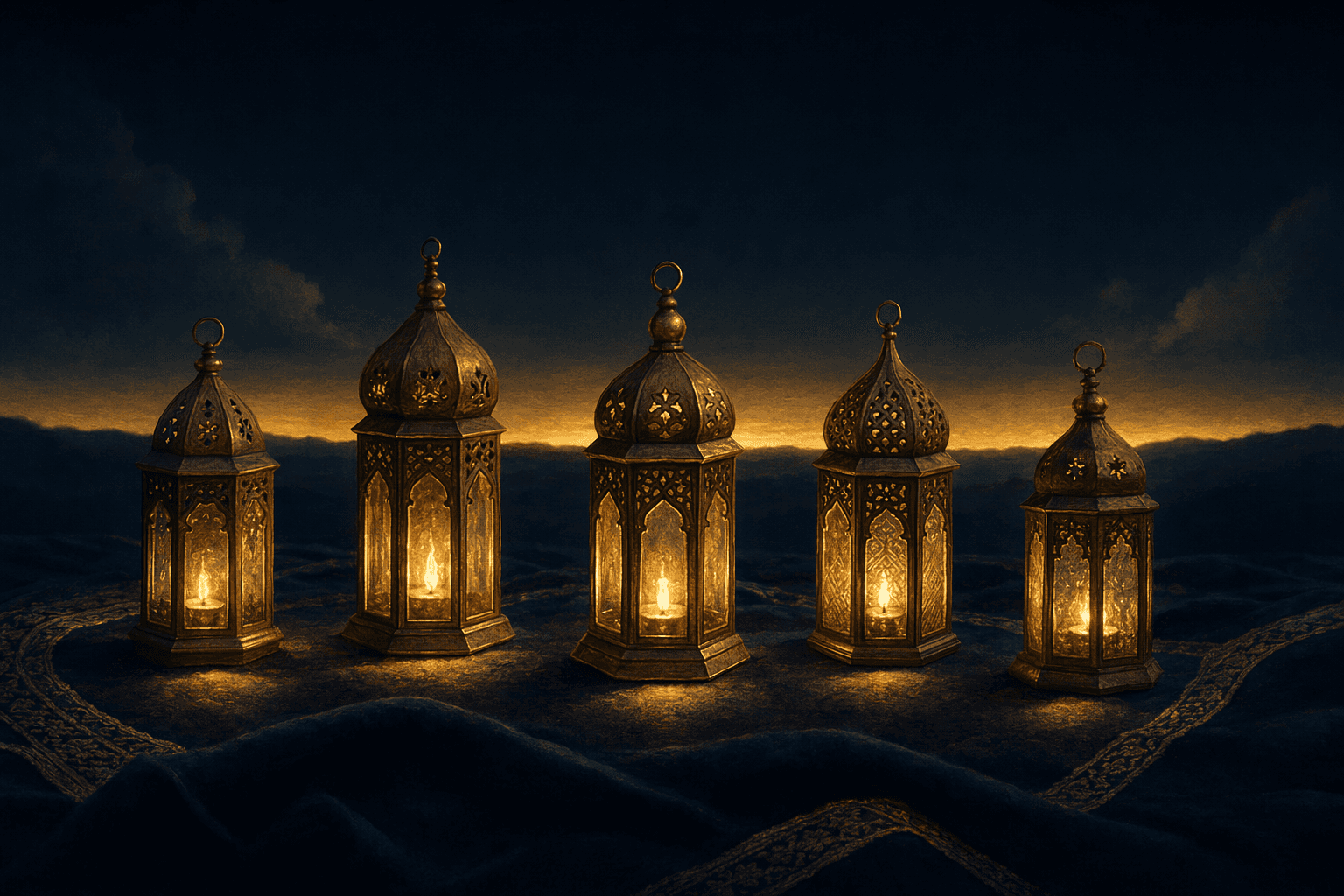 Five small brass lanterns of slightly different shapes arranged in a gentle arc across dark folded cloth, each lit with its own warm gold flame and pooling soft light beneath it, a thin band of dawn tracing the deep navy horizon behind — a calm range of choices.