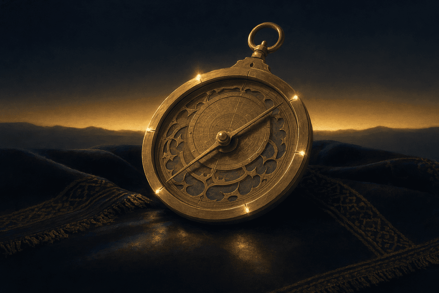 An open brass astrolabe-style dial resting on dark folded cloth, five evenly spaced gold-lit notches set around its rim and a slender pointer settled calm and true, faint reflections pooling beneath and a thin band of dawn light along the deep navy horizon behind.