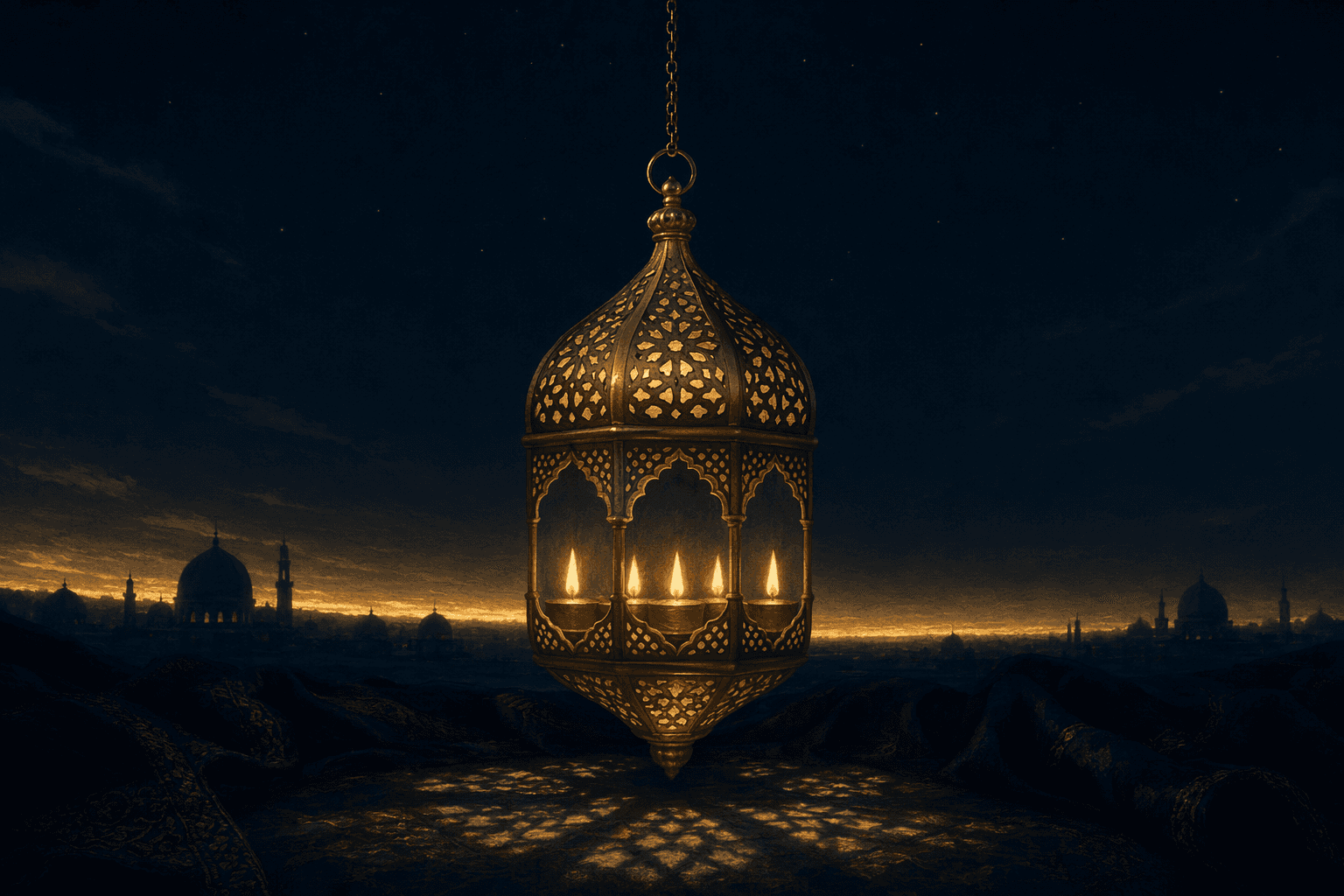 مصباح مسجد نحاسي مُخرّم معلّق على سلسلة رفيعة في ظلمة كحلية عميقة، تتوهّج في داخل قفصه المشبّك خمس ألسنة لهب ذهبية صغيرة دافئة تلقي أشكالًا هندسية رقيقة من الضوء الذهبي على القماش الداكن أسفله، وشريط نحيل من ذهب ما قبل الفجر منخفض على الأفق خلفه.