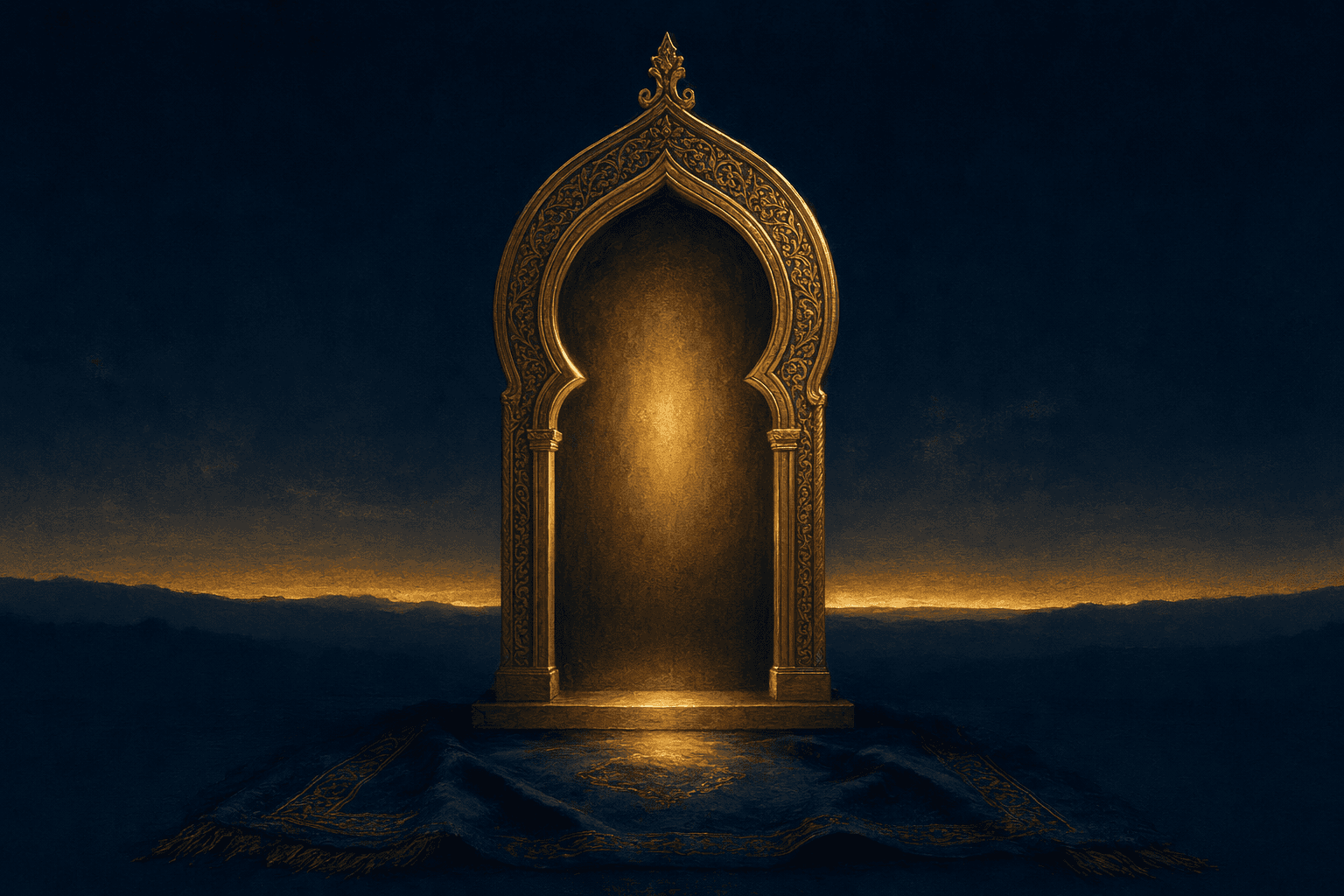 محراب نحاسي مزخرف على هيئة قوس منتصب فوق قماش صلاة داكن مطويّ، يحتضن قوسه المقوّس بِركةً هادئة من الضوء الذهبي الدافئ كأنه يدلّ على جهة القبلة، مع لمعات كريمية ناعمة على طول حافته المنقوشة وشريط رفيع من ذهب ما قبل الفجر على طول الأفق الكحلي العميق خلفه.
