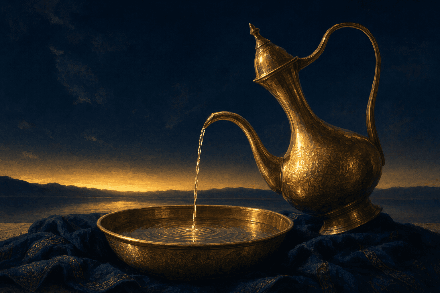 إبريق نحاسي طويل العنق مائلٌ برفق فوق طستٍ نحاسي ضحل على قماش داكن مطويّ، وخيط ماءٍ نظيف واحد يلتقط ضوءًا ذهبيًا دافئًا وهو يسقط، وتموّجات ذهبية خافتة تنتشر عبر الطست، وشريط رفيع من ذهب ما قبل الفجر على طول الأفق الكحلي العميق خلفه.
