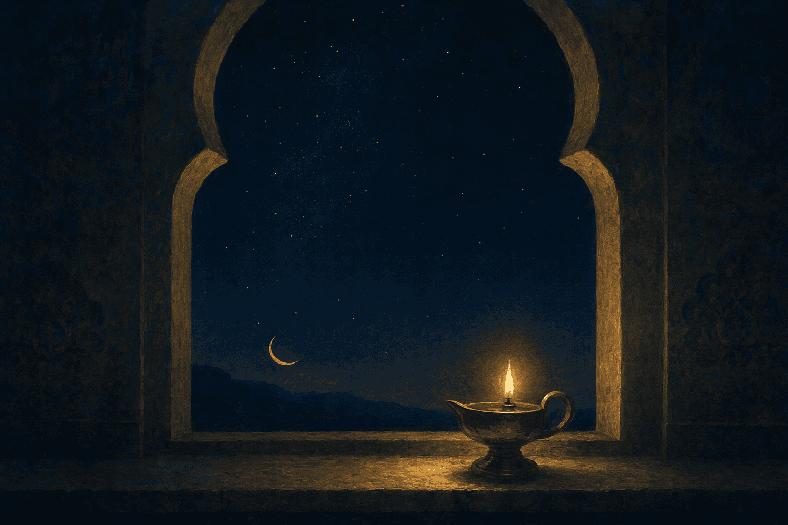 مصباح زيتٍ نحاسيّ صغير وحيد يتّقد بلهبٍ ذهبيّ دافئ على عتبة نافذةٍ حجريّة داكنة في عمق الليل، ونثارٌ واسع من نجومٍ ذهبيّة خافتة عبر سماءٍ كحليّةٍ غامقة من خلفه، وهلالٌ ذهبيّ رفيع منخفضٌ قرب الأفق، وضوء المصباح يتجمّع برفقٍ على العتبة.