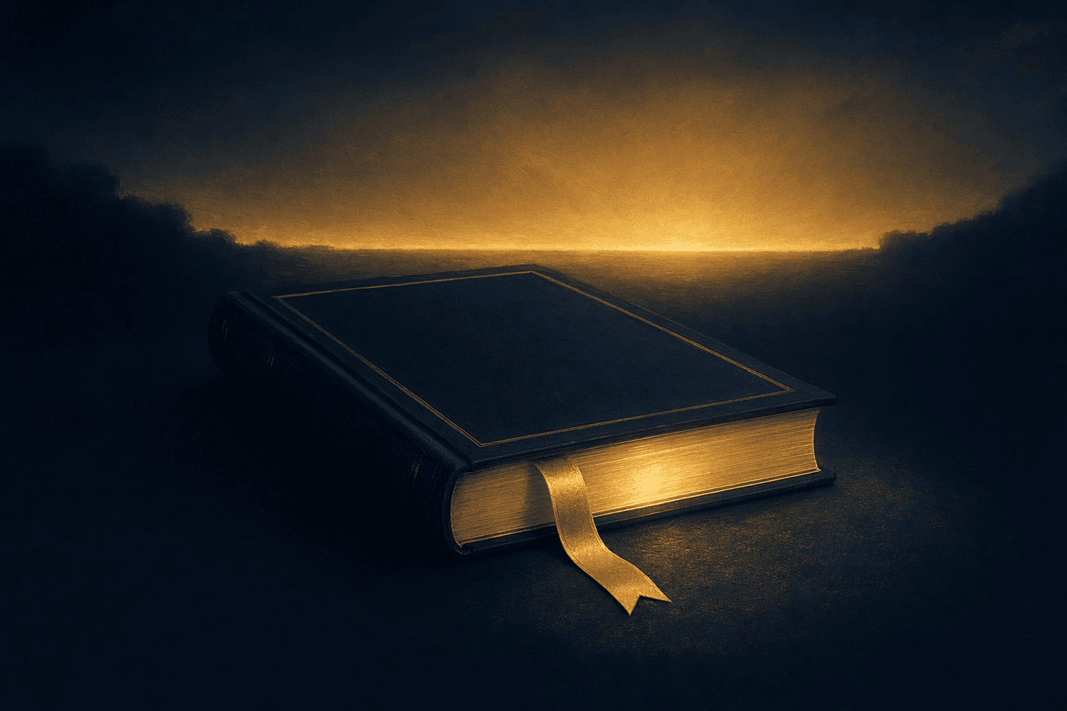 كتاب مغلق كحلي داكن على سطح كحلي عميق، يستريح فاصل كتاب من شريط ذهبي رفيع بين صفحاته، مع توهّج كريمي ذهبي ناعم يتسرّب من حواف الصفحات المغلقة وشريط خافت من ضوء الفجر على طول الأفق خلفه.