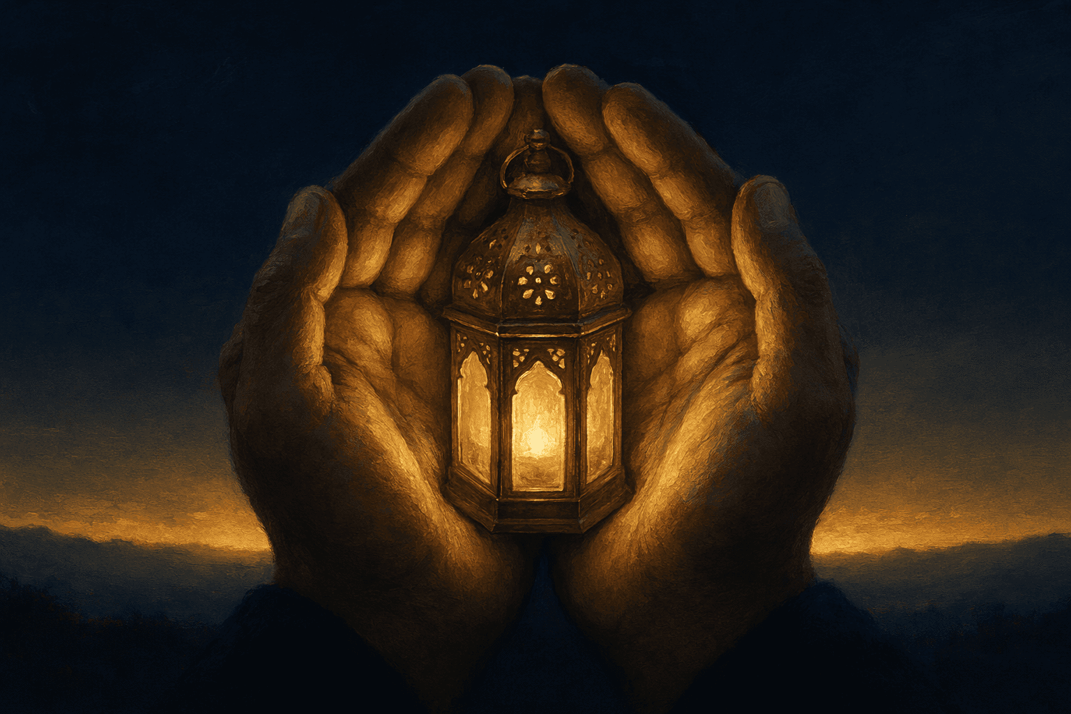 A small brass lantern with its glass panes intact glowing a steady warm gold, cradled in two cupped weathered hands that curve around it like a sheltering roof against the dark, the light kept close while a thin band of dawn glows along the deep navy horizon behind — something private kept safe.