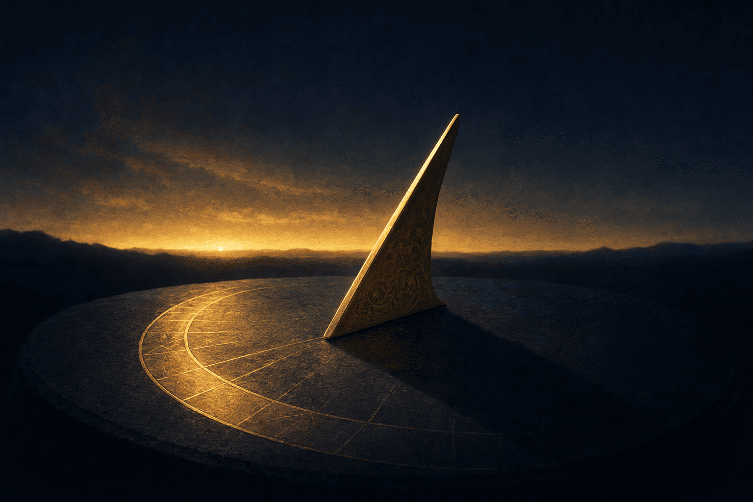 A brass sundial gnomon on dark stone casting a soft gold shadow across a faintly etched curved arc, the early stretch of the arc washed in bright warm gold and the later stretch dimming into deep navy shadow, a thin band of dawn light glowing low on the horizon behind.