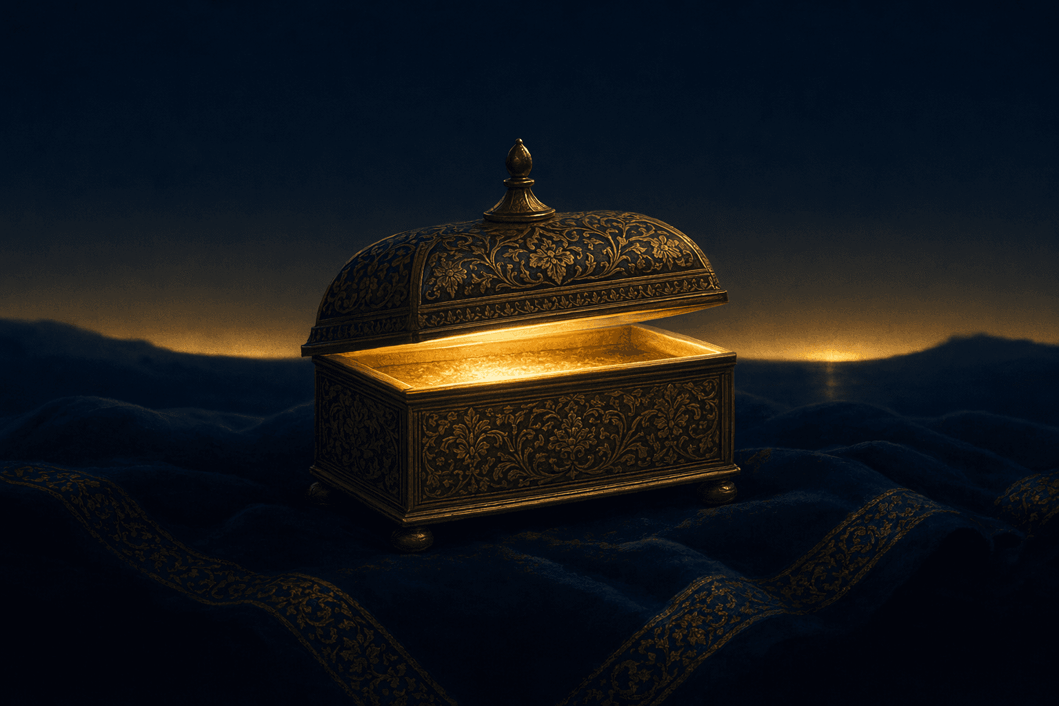 A small ornate brass casket on dark folded cloth at night, its lid lifted just enough that a contained pool of warm gold light glows from inside without spilling into the surrounding deep navy darkness, with a thin band of dawn light along the horizon behind.