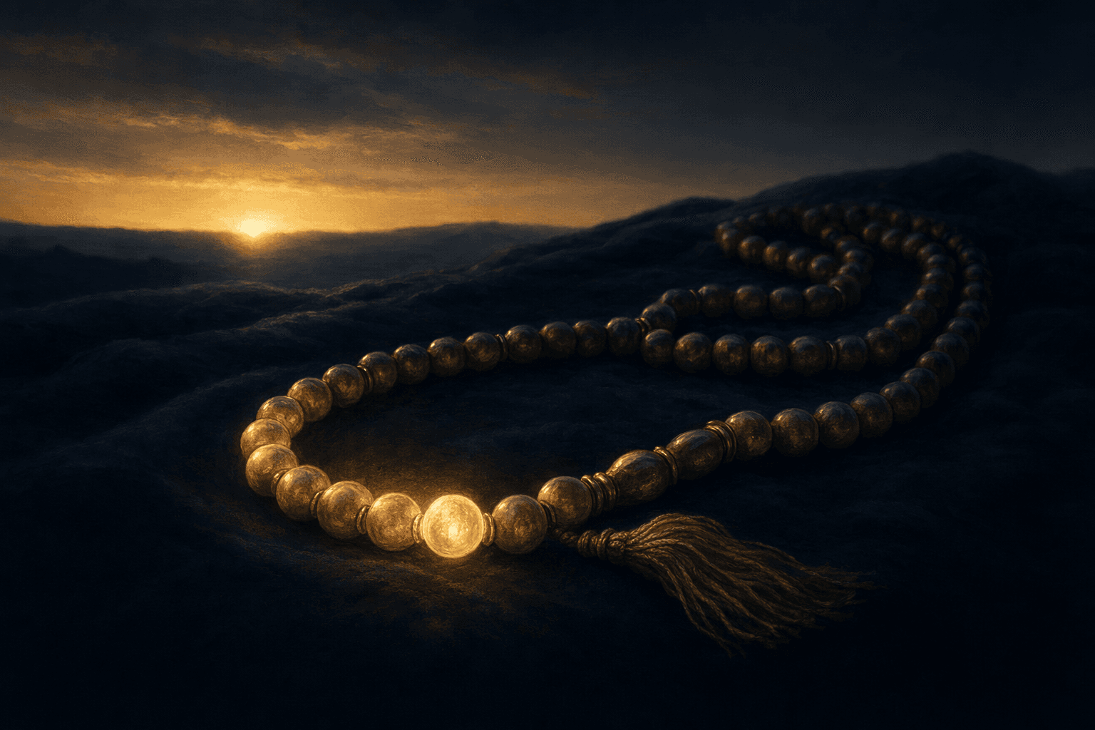 A long string of brass prayer beads coiled across dark cloth, the far end trailing off into shadow while the nearer beads brighten one by one into warm gold as if being counted patiently forward, a thin band of dawn light low on the deep navy horizon behind.