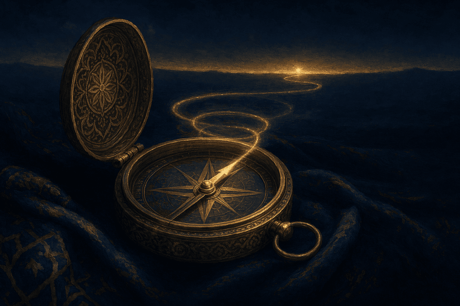 An open antique brass compass on dark folded cloth at night, its glowing gold needle pointing toward a small distant point of golden light on a deep navy horizon, with faint luminous rings and a figure-eight ribbon of light curling in the air above it.