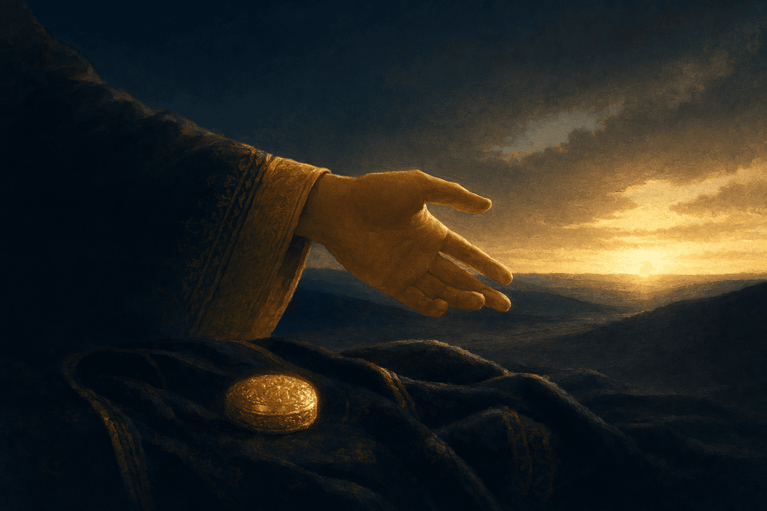 An open hand lowering a small glowing gold object down onto dark folded cloth and beginning to let go, the figure turning gently toward a thin band of warm dawn light breaking low on the deep navy horizon — the calm of setting something down and turning toward the morning.