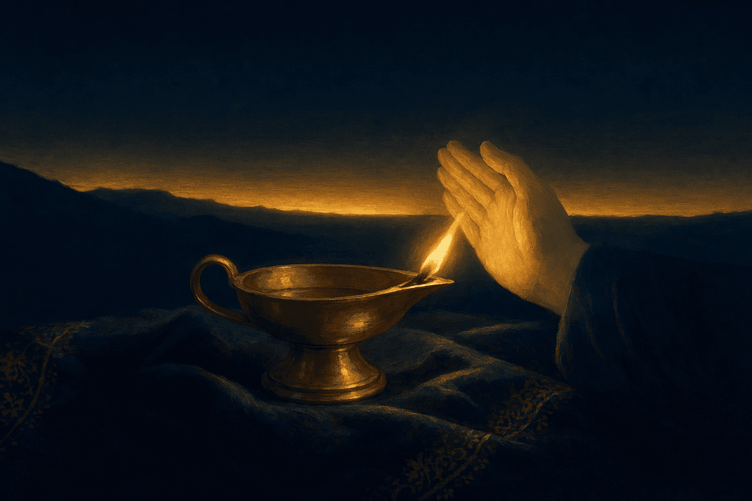 Une petite lampe à huile en laiton posée sur un tissu sombre plié, sa flamme dorée vacillante redressée et stabilisée par une seconde lueur en coupe, sur un horizon d'avant l'aube d'un bleu marine profond.