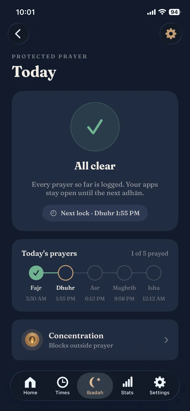 Deeny Protected Prayer home — apps stay open, next lock at Dhuhr