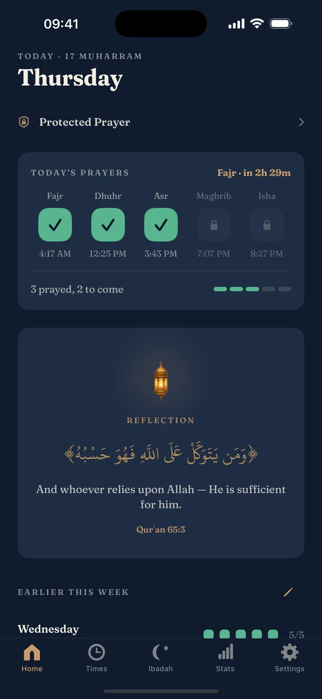 Deeny home screen showing today's five prayers and tracking ring