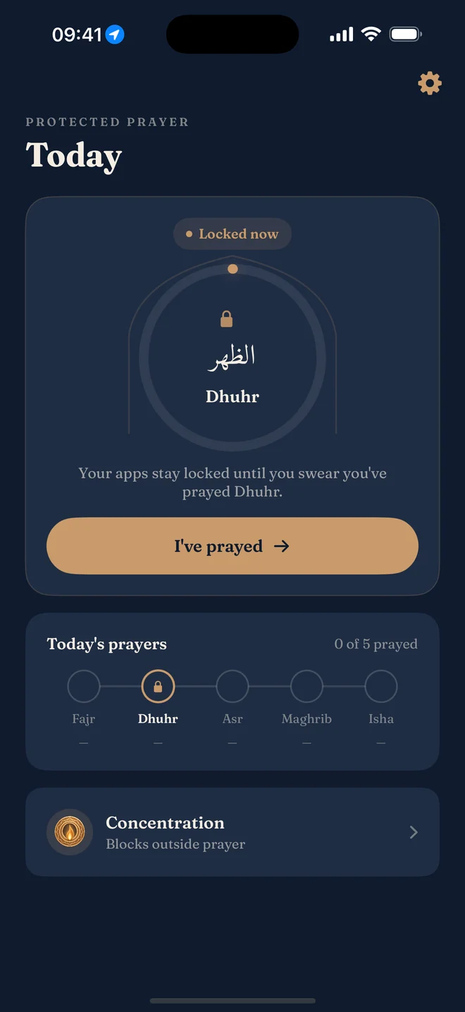 Deeny home screen showing today's five prayers and tracking ring